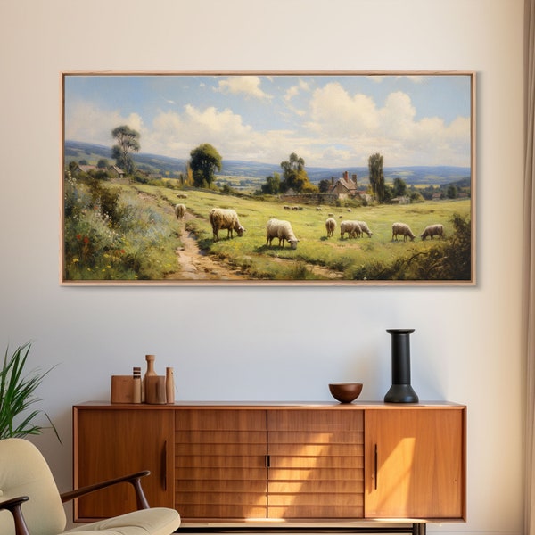 Countryside Painting, Sheep Wall Art, Farm Animals, Farm Art, Panoramic Art, Wall Art, Canvas Art, Landscape Art, Farmhouse Wall Art