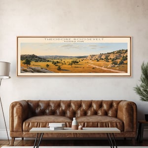 Theodore Roosevelt National Park Panoramic Travel Art, National Park Print, Minimalist Travel Art, Subdued Watercolor Painting Panoramic