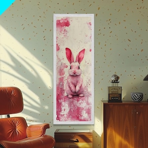 Pink Bunny Rabbit Framed Canvas Print, Cottagecore Whimsical Art for Kids Room, Light Pink Rustic Animal Wall Art for Nursery Decor