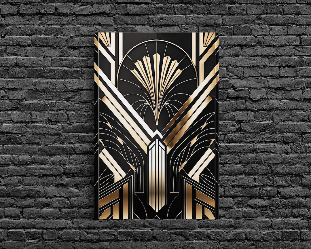 Art Deco Framed Canvas Print: Gold & Black Abstract Wall Art, Unique ...