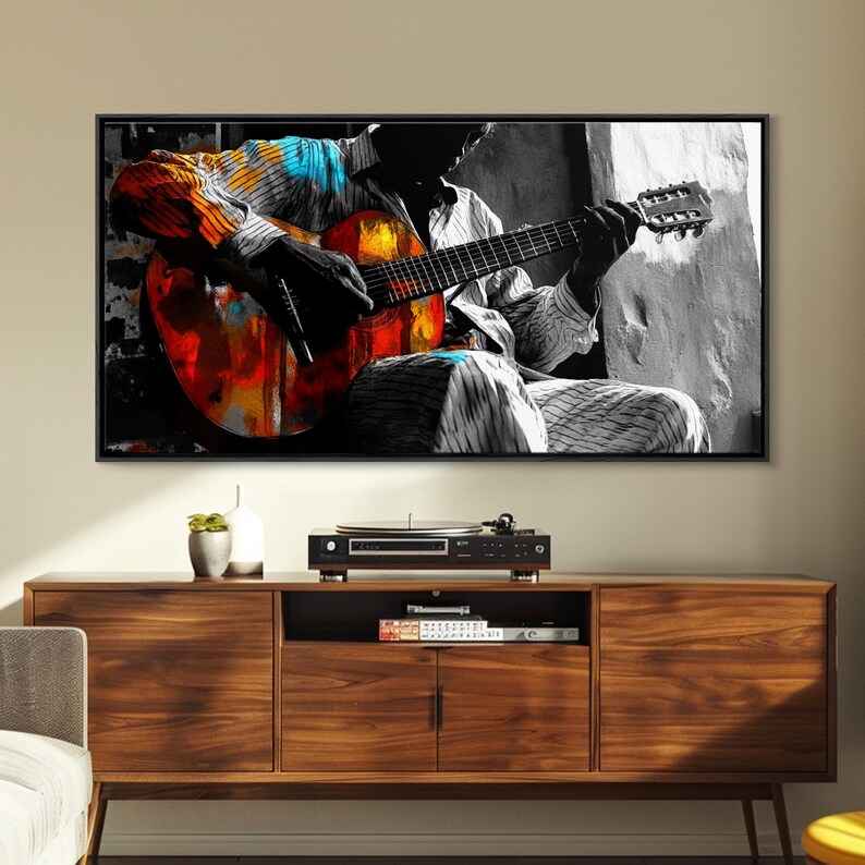 Guitarrista, música, expresión, momento musical melancólico capturado en esta impresión en lienzo enmarcada, arte bohemio para sala de música, arte de pared para estudio artístico imagen 18