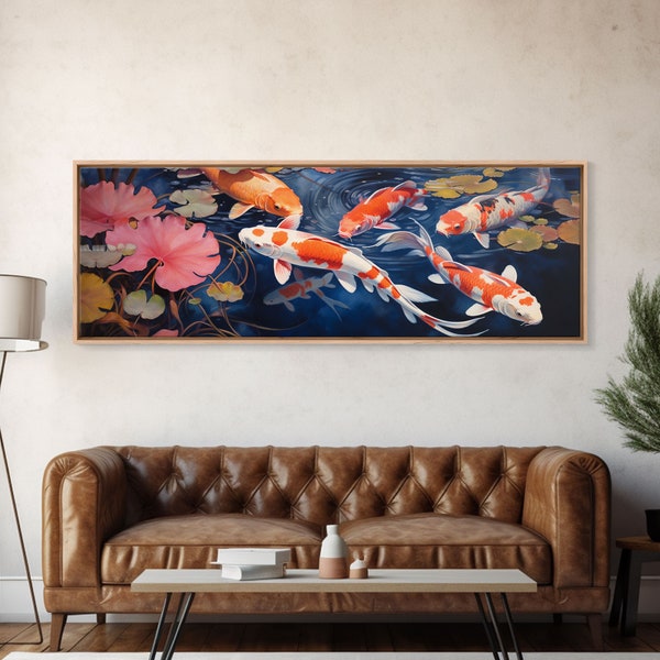 The Koi Pond Framed Canvas Print, Koi Fish Decor, Koi Fish Garden Wall Art, Koi Fish and Lilly Pads