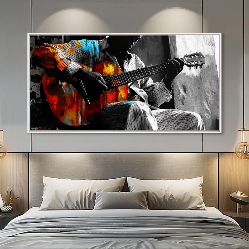 Guitarrista, música, expresión, momento musical melancólico capturado en esta impresión en lienzo enmarcada, arte bohemio para sala de música, arte de pared para estudio artístico imagen 13