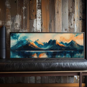 Majestic Mountains Framed Canvas Print Scenic Landscape Art, Blue and Gold Mountain Painting, Nature Wall Decor, Bedroom Wall Art