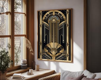 Art Deco Framed Canvas Print: Gold & Black Abstract Lines - Etsy