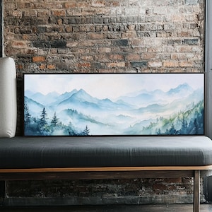 Watercolor Mountain landscape Painting, Home Decor, Framed Canvas Print, Vintage Mountain Art, Mountain Oil Painting Framed Wood Print