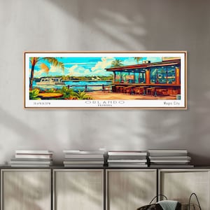 Orlando Florida Panoramic Wall Art, Mid Century Modern Framed Canvas Print, Retro Pop Art Travel Poster, Home Decor