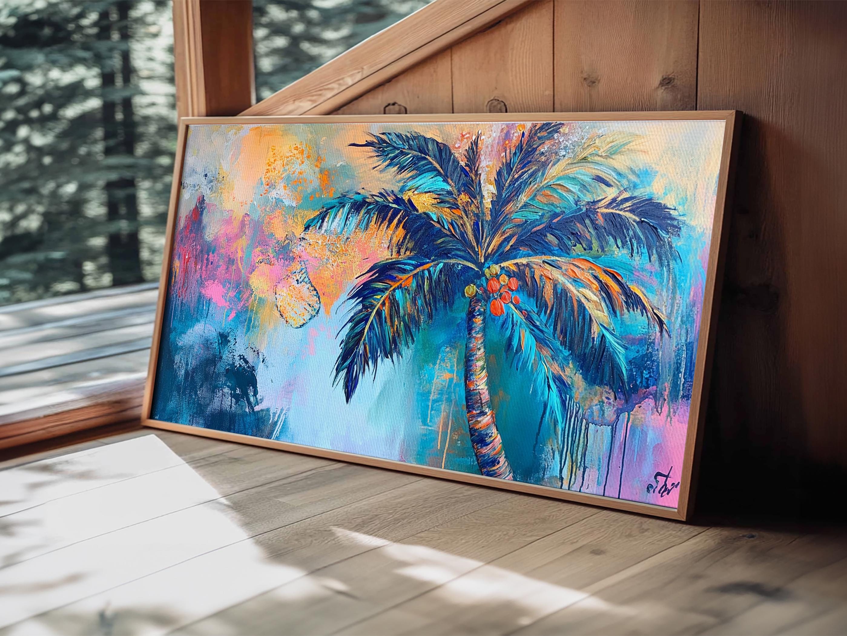 Palm tree painting, coastal wall art, framed canvas print, tropical art, boho art, surf wall art, extra wide art, vibrant wall decor