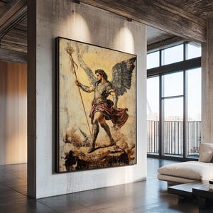 May include: Large framed artwork depicting a classical angel figure with wings, holding a staff. The artwork features a warm color palette with gold, red, and brown tones. The piece is mounted on a concrete wall in a modern living space.