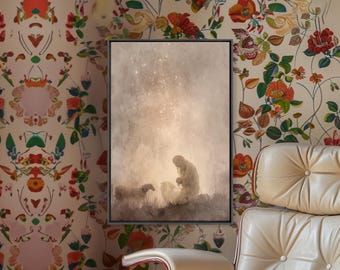 May include: A framed art print depicting a shepherd with sheep under a starry sky. The artwork has a soft, muted color palette with a focus on light and shadow. The print is displayed against a floral wallpaper background.