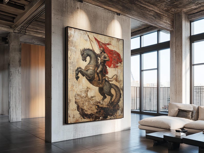 Saint George and the Dragon Battle Scene Framed Canvas Print | Renaissance Christian Art Painting, Vintage Religious Wall Art and Modern Ch image 2