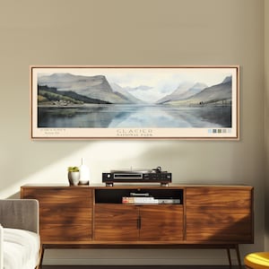Glacier National Park Panoramic Montana Travel Art, National Park Print, Minimalist Travel Art, Subdued Watercolor Painting Panoramic