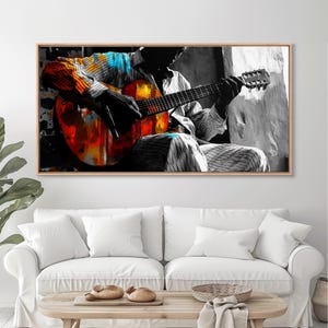 Guitarrista, música, expresión, momento musical melancólico capturado en esta impresión en lienzo enmarcada, arte bohemio para sala de música, arte de pared para estudio artístico imagen 1