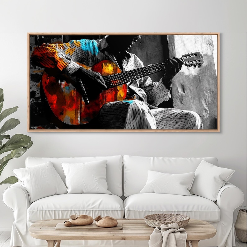 Guitarrista, música, expresión, momento musical melancólico capturado en esta impresión en lienzo enmarcada, arte bohemio para sala de música, arte de pared para estudio artístico imagen 1