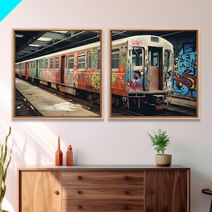Two Piece Art, Graffiti Art On Subway Train, Framed Canvas Print, Urban Decay, NYC 1970s, Graffiti Wall Art, Street Art, Industrial Art
