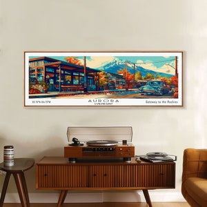 Aurora Colorado Panoramic Painting Framed Canvas Print, Mid Century Modern Art, Pop Art Style, Travel Poster, Wall Art Decor, Retro Style