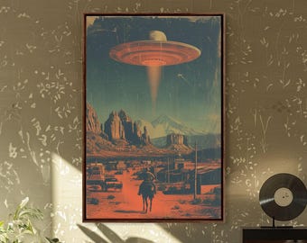 SciFi Cowboy Canvas Art: Retro UFO Poster, Mid-Century Modern