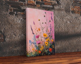 Framed Wildflower Canvas Print: Vintage Pink Field, Modern Farmhouse Decor
