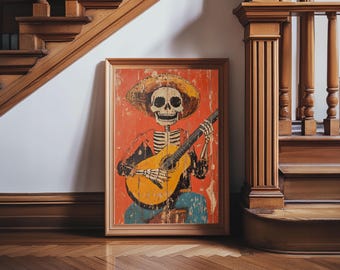 Arte Mexicano - Framed Canvas Print - Chicano Art - Skeleton Vaquero playing a guitarra, Mexican Inspired Wall Art, Southwestern Art NUEVART