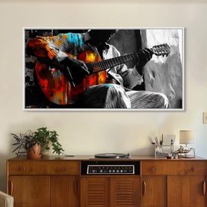 Guitarrista, música, expresión, momento musical melancólico capturado en esta impresión en lienzo enmarcada, arte bohemio para sala de música, arte de pared para estudio artístico imagen 2