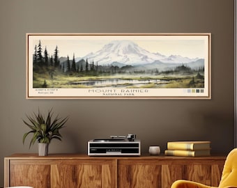 Mount Rainier National Park Print: Subdued Watercolor Panoramic Travel Art
