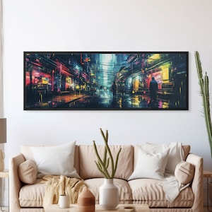 Cyberpunk Tokyo City Streets, Framed Canvas Print, Cyberpunk Style Wall Art, Synthwave Decor, Videogame Concept Art
