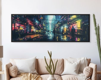 Cyberpunk Tokyo City Streets, Framed Canvas Print, Cyberpunk Style Wall Art, Synthwave Decor, Videogame Concept Art