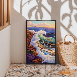 Crashing Ocean Wave, Rocky Coastline Scene, Vibrant Beach Art, Framed Canvas Print, Nature Inspired, Coastal Living Room Wall Art