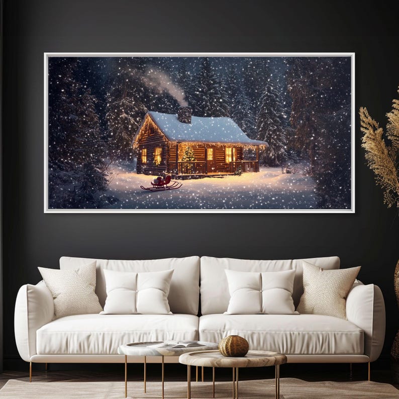 Cozy Cabin in Snow Framed Canvas Print, Winter Wonderland Scene Art