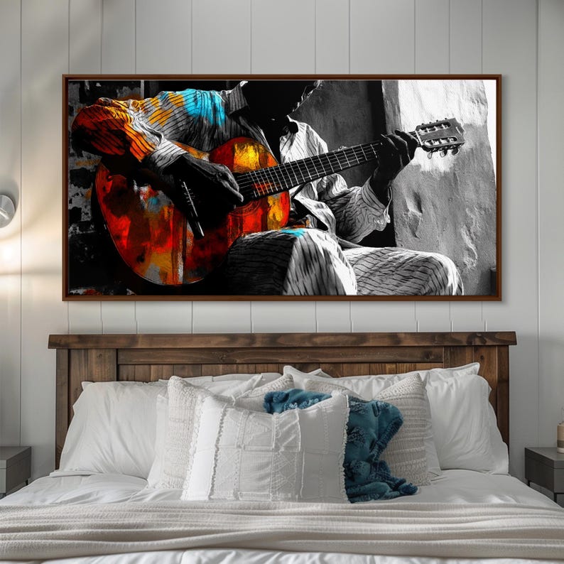 Guitarrista, música, expresión, momento musical melancólico capturado en esta impresión en lienzo enmarcada, arte bohemio para sala de música, arte de pared para estudio artístico imagen 14