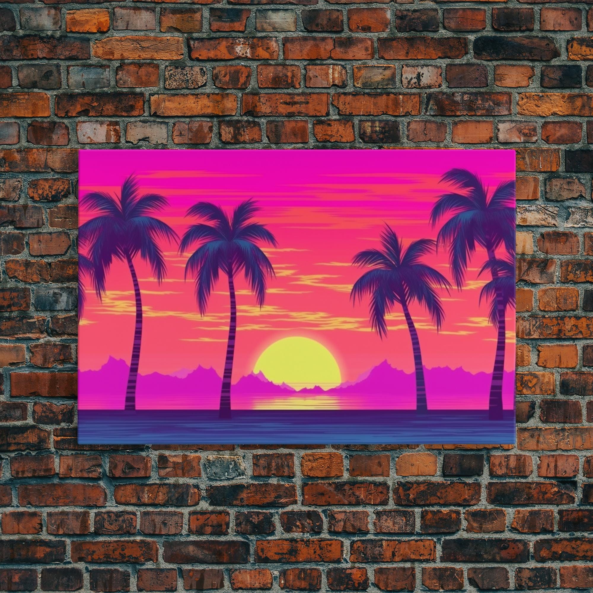 Synthwave Beach Sunset Canvas Print: Tropical Pop Art Wall Decor