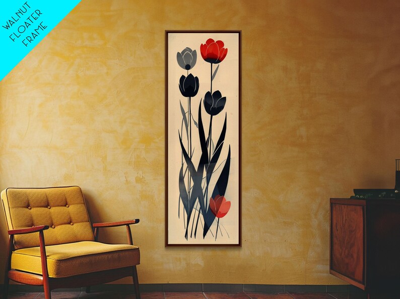 Minimalist Tulips in Red and Gray on Beige Background Framed Canvas