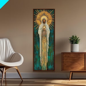 Art Deco Christian Canvas Print, Eucharistic Adoration Scene, Light Oak Frame afbeelding 14