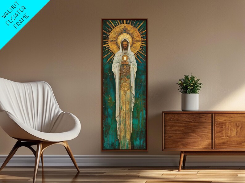 Art Deco Christian Canvas Print, Eucharistic Adoration Scene, Light Oak Frame afbeelding 14