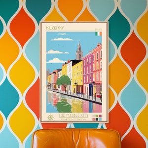 Kilkenny Ireland Travel Poster Framed Canvas Print, Midcentury Modern Art, Pop Art Wall Decor, Scenic Bedroom Art, Office Decoration