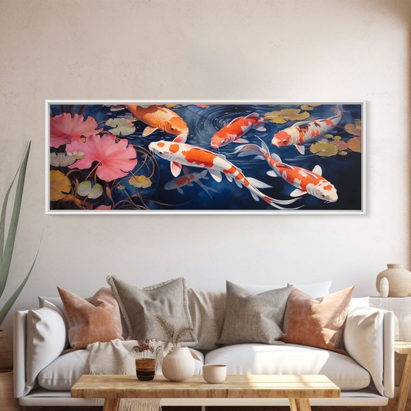 The Koi Pond Framed Canvas Print, Koi Fish Decor, Koi Fish Garden Wall Art, Koi Fish and Lilly Pads