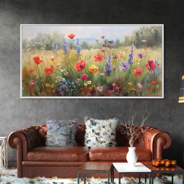 Wildflower Fields Oil Painting Canvas Print, Framed Wall Art, Landscape Wall Art, Minimalist Decor, 36x24/24x16 Art, Ready To Hang