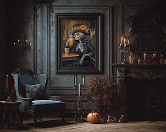 Skeleton Witch Halloween Canvas Print: Spooky Bar Art (Framed)