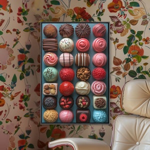 Chocolate Candy Wall Art Printed and Framed on Canvas, Kitchen Wall Art, Colorfull Kitchen Art Print, Pink Aesthetic Art, Restaurant Art