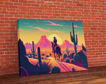 Cowboy Wild West Valley Sunset Mountains Cactus Fine Art Print, Wall Art Print, Wall Poster, Wall Décor