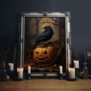 Raven and Jack O'Lantern Framed Canvas Print: Macabre Halloween Decor