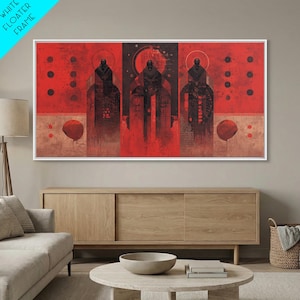 Three Ancestral Figures In Red Wall Art, Abstract African Tribal Art, Spiritual Black Culture Canvas Print, Bold Decor Gift