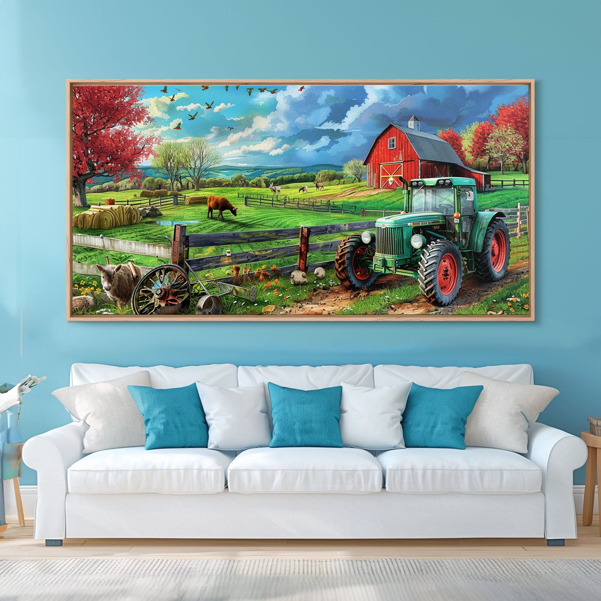 Green Tractor and Red Barn in Lush Fields, Perfect Farmhouse Art, Framed Canvas Print, Rural Wall Decor, Living Room Decoration