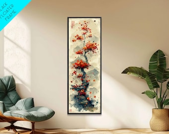 Autumn Bonsai Tree Traditional Japanese Style Nature Art On Framed Canvas Print In Ukiyo-e Art Design Tall Skinny Wood Block Wall Decor