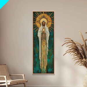 Art Deco Christian Canvas Print, Eucharistic Adoration Scene, Light Oak Frame afbeelding 20