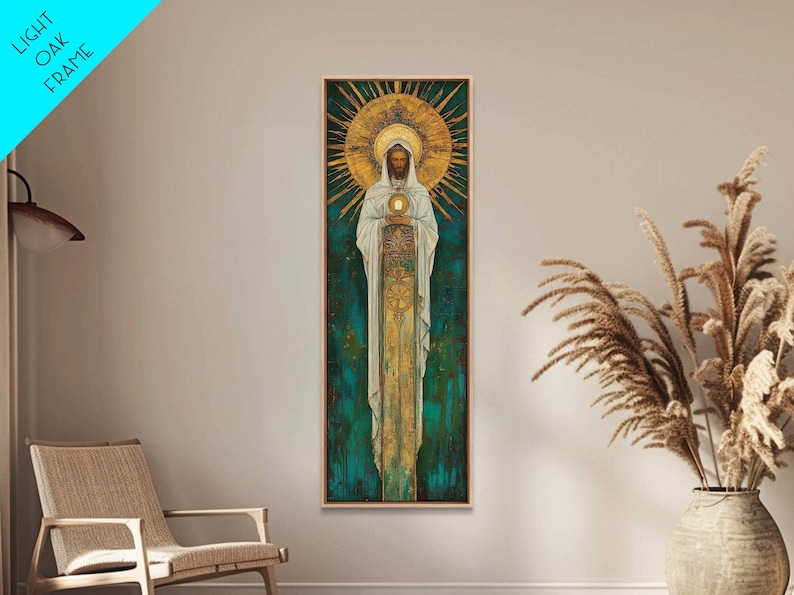 Art Deco Christian Canvas Print, Eucharistic Adoration Scene, Light Oak Frame afbeelding 20
