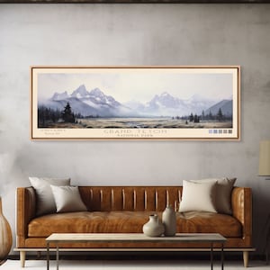 Grand Teton National Park Panoramic Wyoming Travel Art, National Park Print, Minimalist Travel Art, Subdued Watercolor Painting Panoramic