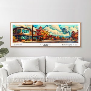 Plano Texas Panoramic Wall Art, Mid Century Modern Framed Canvas Print, Retro Pop Art Travel Poster, Home Decor