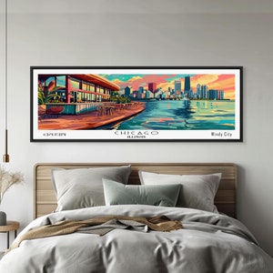 Chicago Illinois Panoramic Painting Framed Canvas Print, Mid Century Modern Art, Pop Art Style, Travel Poster, Living Room Decor
