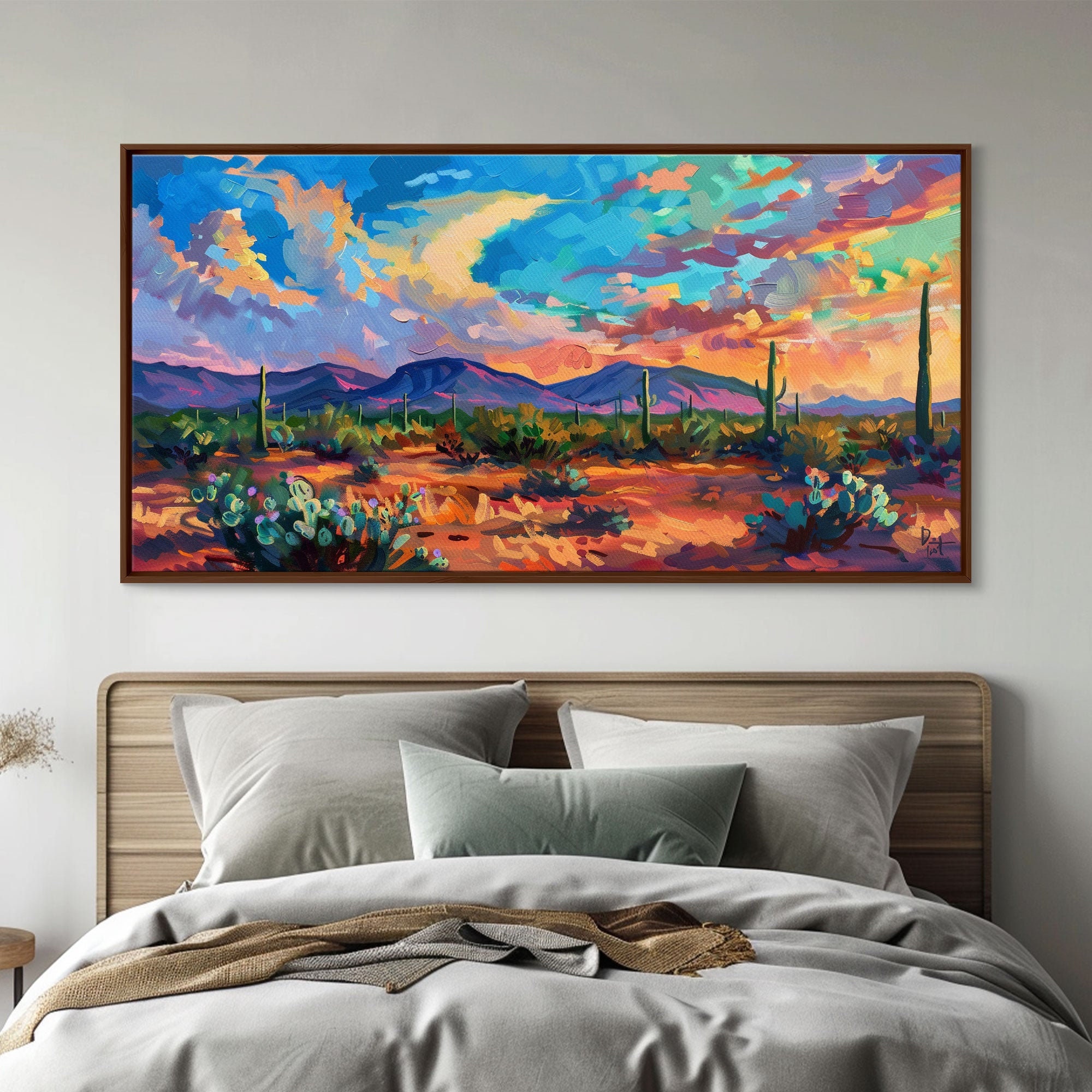 Vibrant Desert Sunset Landscape with Cacti, Framed Canvas Print for Living Room Art, Perfect for Boho and Southwestern Decor
